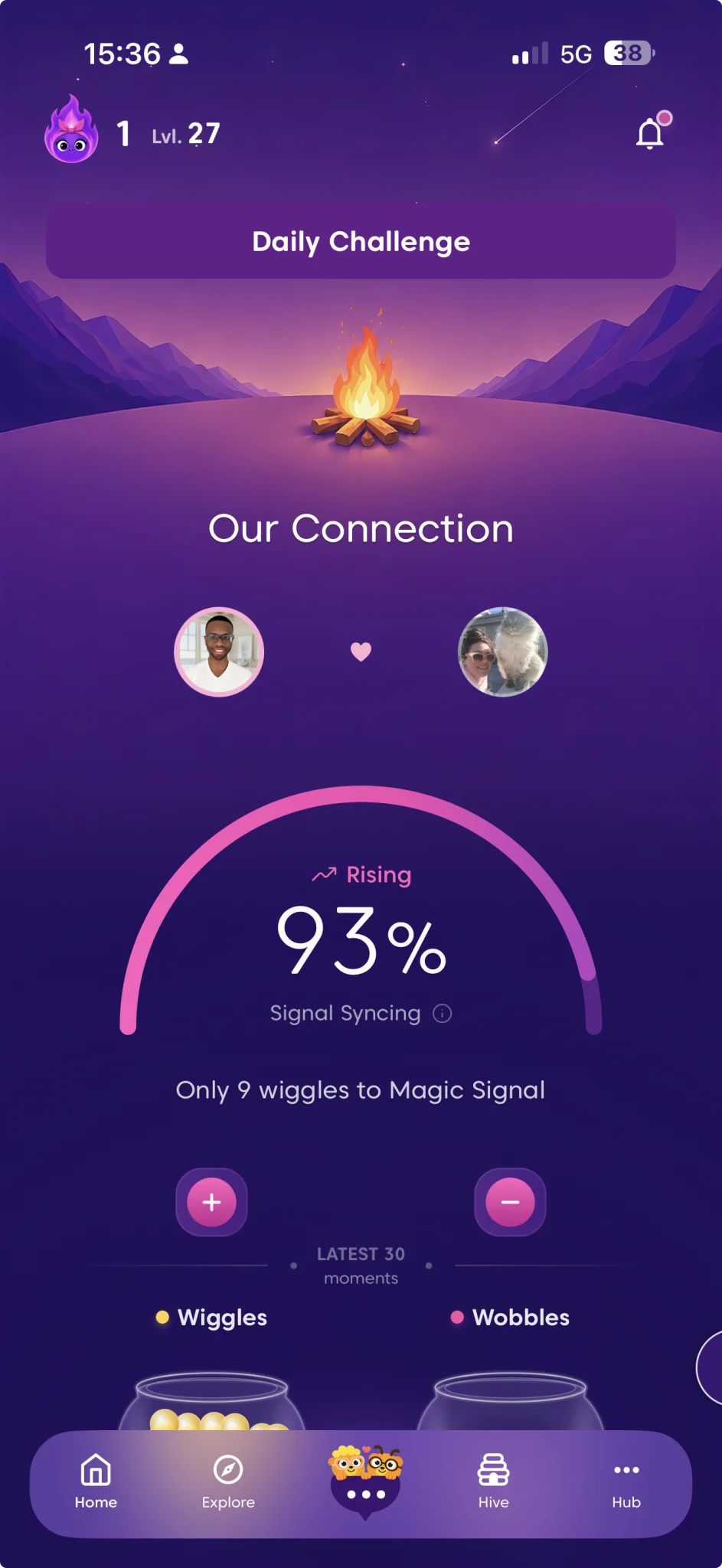 Swooni Magic Signal showing a couple's shared relationship-fitness progress
